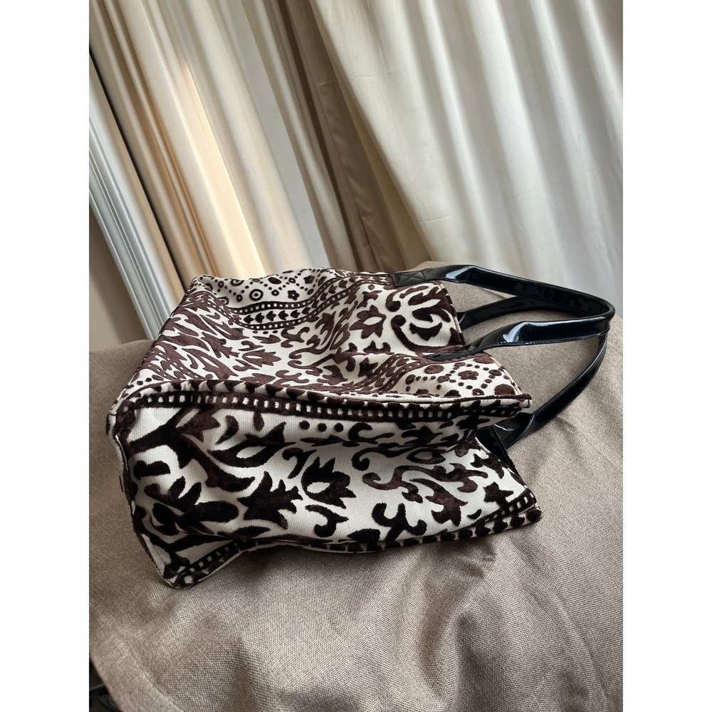 Mens Brown Cream Damask Velvet Tote Bag Black Patent Handles